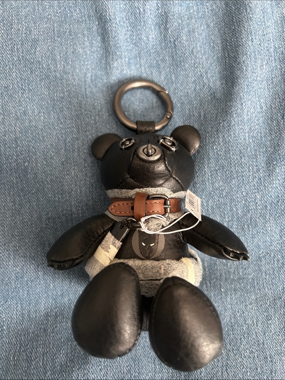 Coach Disney Black Panther Leather Bear Keychain with Brown Collar
